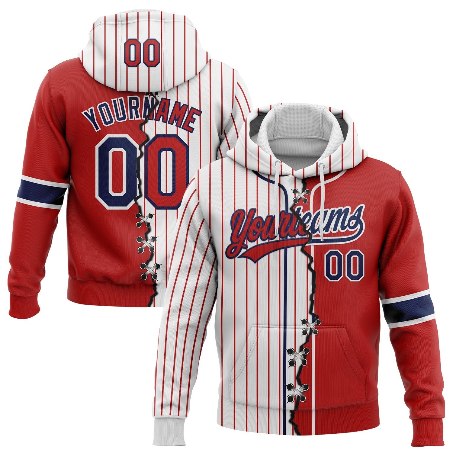 Custom White Red Pinstripe-Navy Split Ripped Pattern Baseball Pullover Sweatshirt Hoodie photo 1