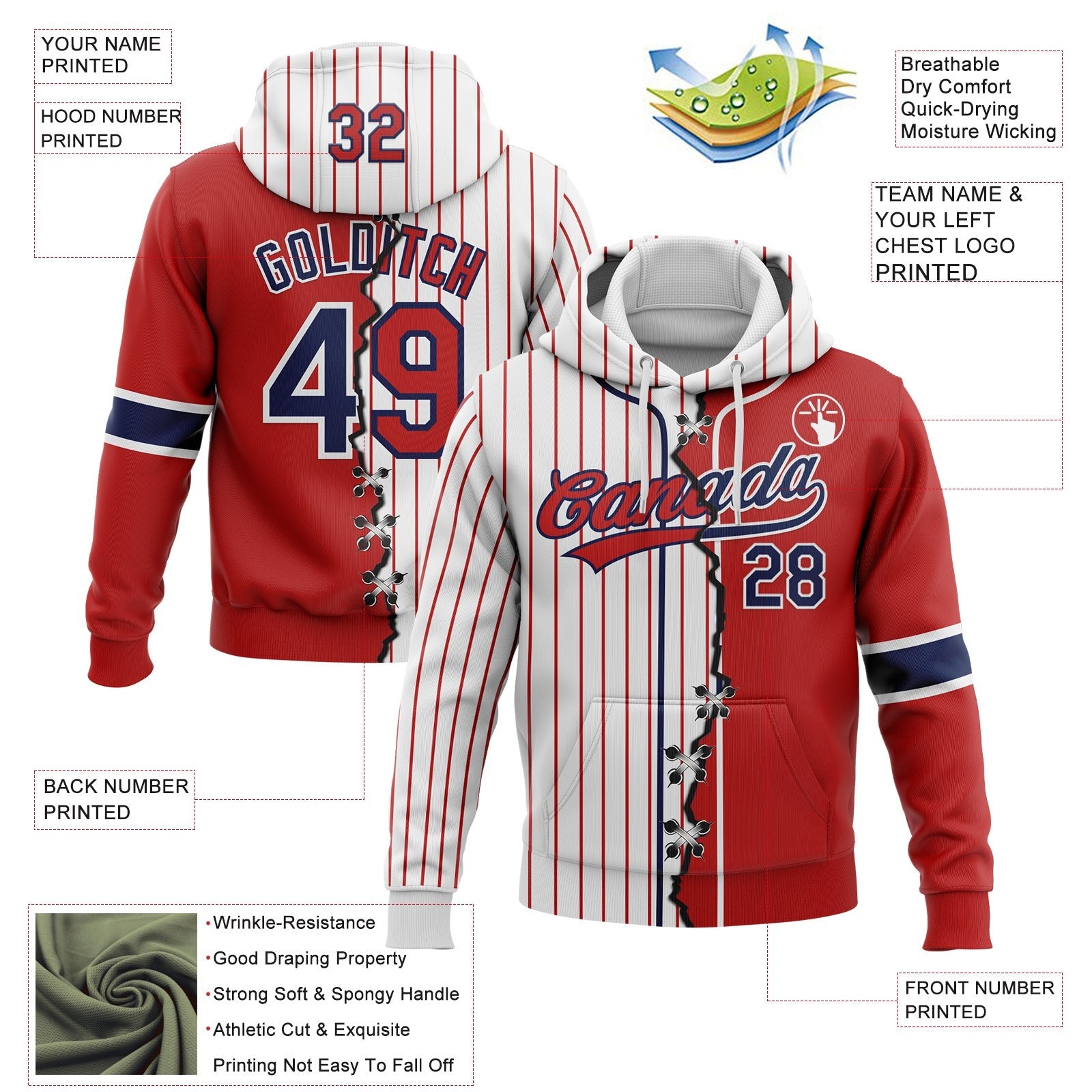Custom White Red Pinstripe-Navy Split Ripped Pattern Baseball Pullover Sweatshirt Hoodie photo 3