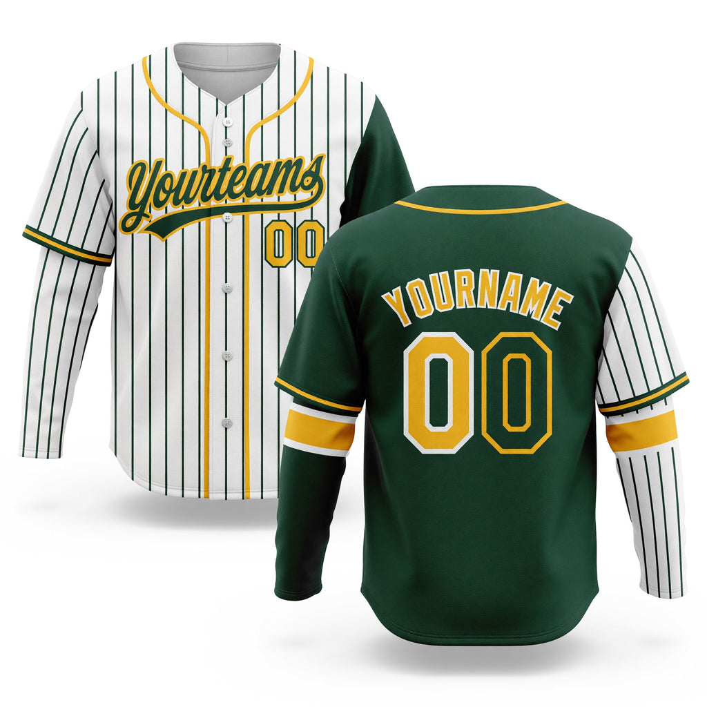 Custom White Green Pinstripe-Gold Split Ripped Pattern Baseball Pullover Sweatshirt Hoodie