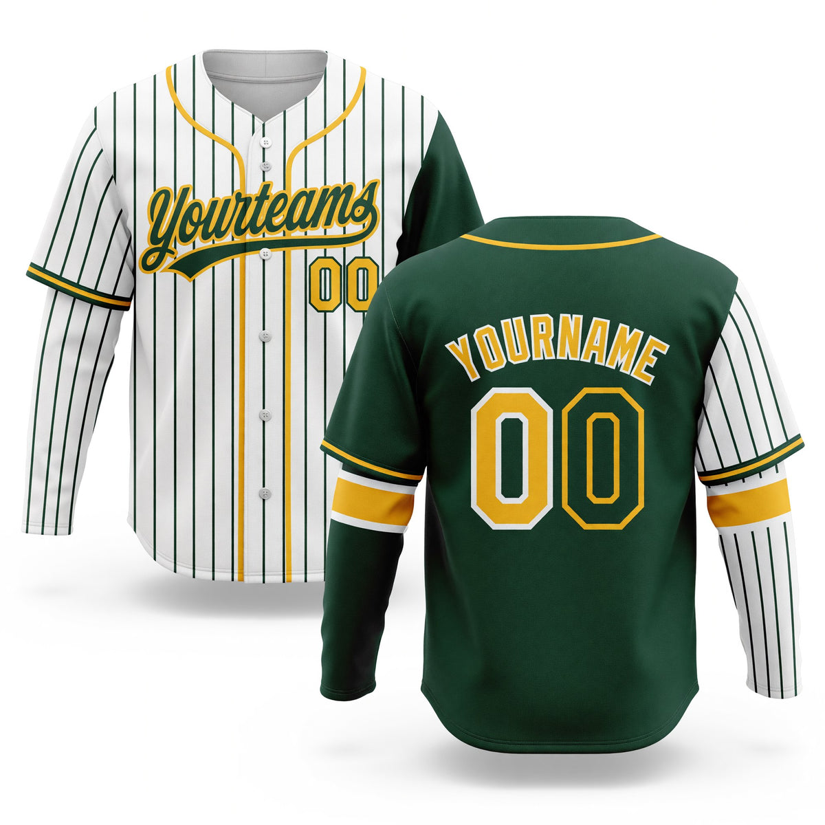 Custom White Green Pinstripe-Gold Split Ripped Pattern Baseball Pullover Sweatshirt Hoodie