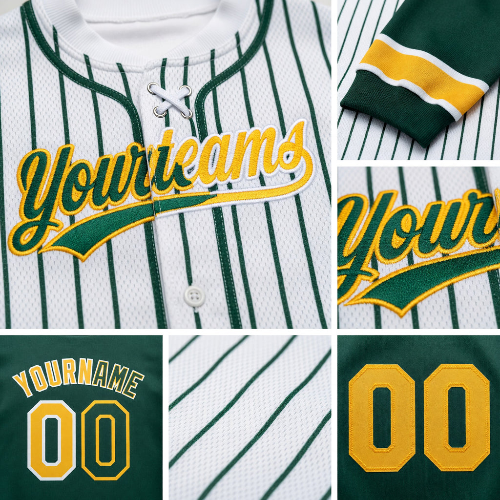 Custom White Green Pinstripe-Gold Split Ripped Pattern Baseball Pullover Sweatshirt Hoodie detail