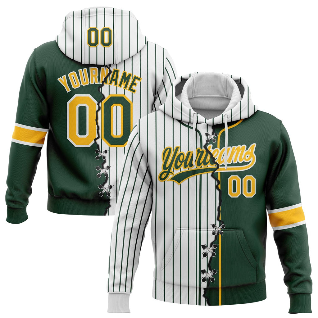 Custom White Green Pinstripe-Gold Split Ripped Pattern Baseball Pullover Sweatshirt Hoodie photo 1