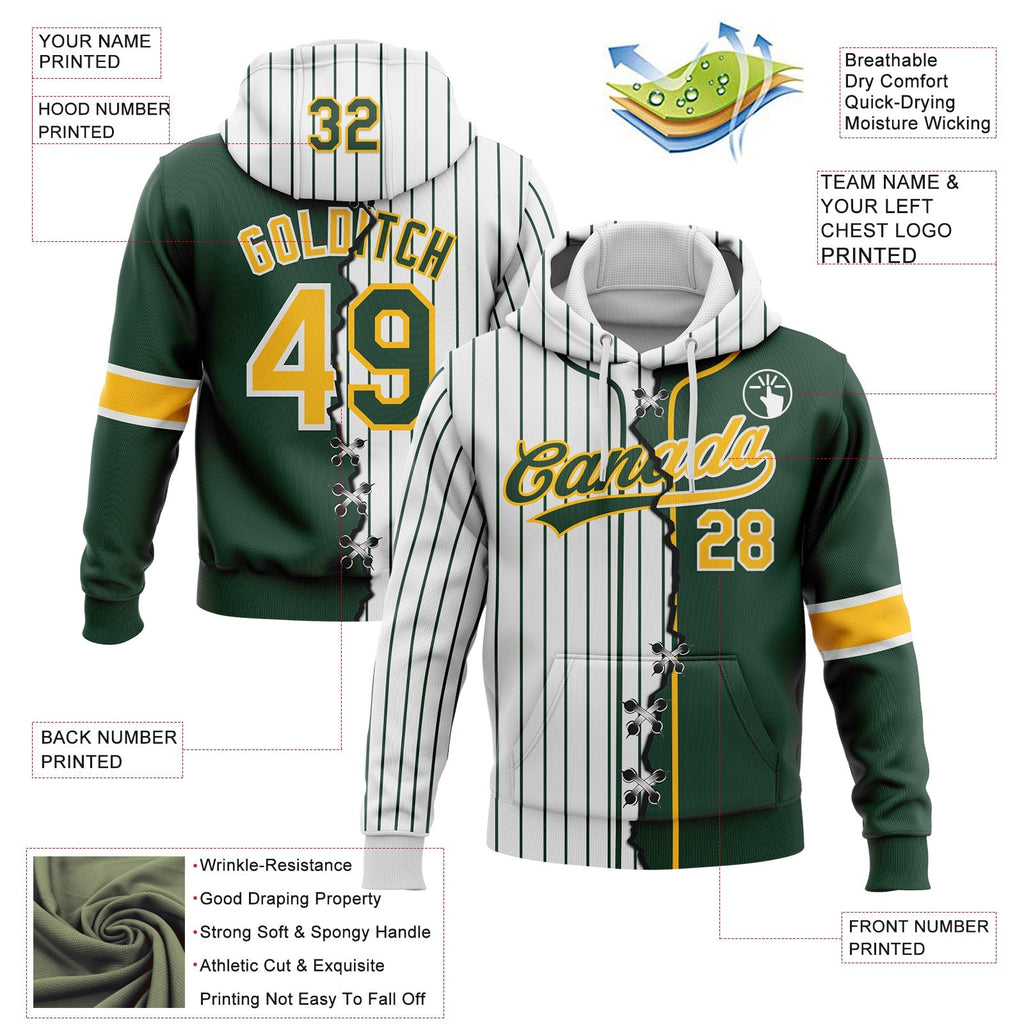 Custom White Green Pinstripe-Gold Split Ripped Pattern Baseball Pullover Sweatshirt Hoodie photo 3