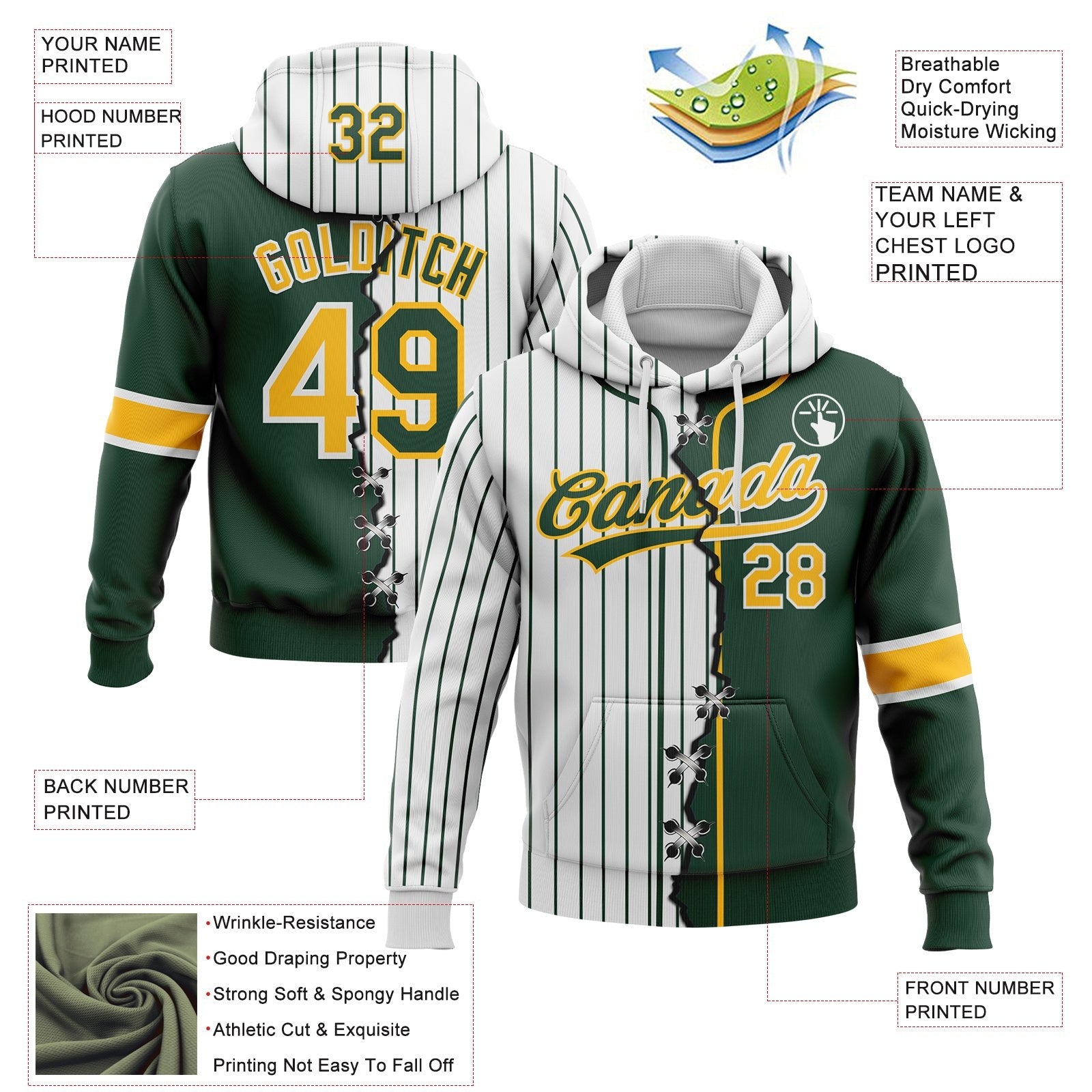 Custom White Green Pinstripe-Gold Split Ripped Pattern Baseball Pullover Sweatshirt Hoodie photo 3