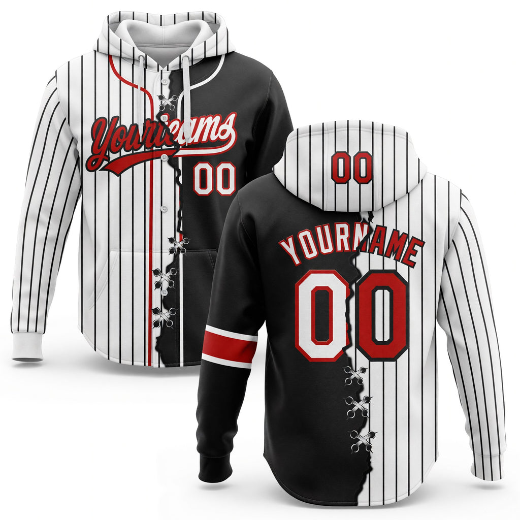 Custom White Black Pinstripe-Red Split Ripped Pattern Baseball Pullover Sweatshirt Hoodie