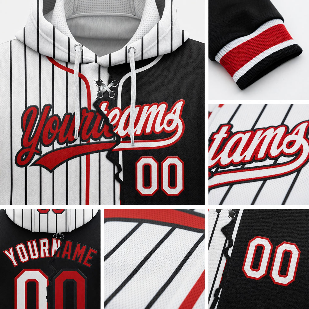 Custom White Black Pinstripe-Red Split Ripped Pattern Baseball Pullover Sweatshirt Hoodie detail