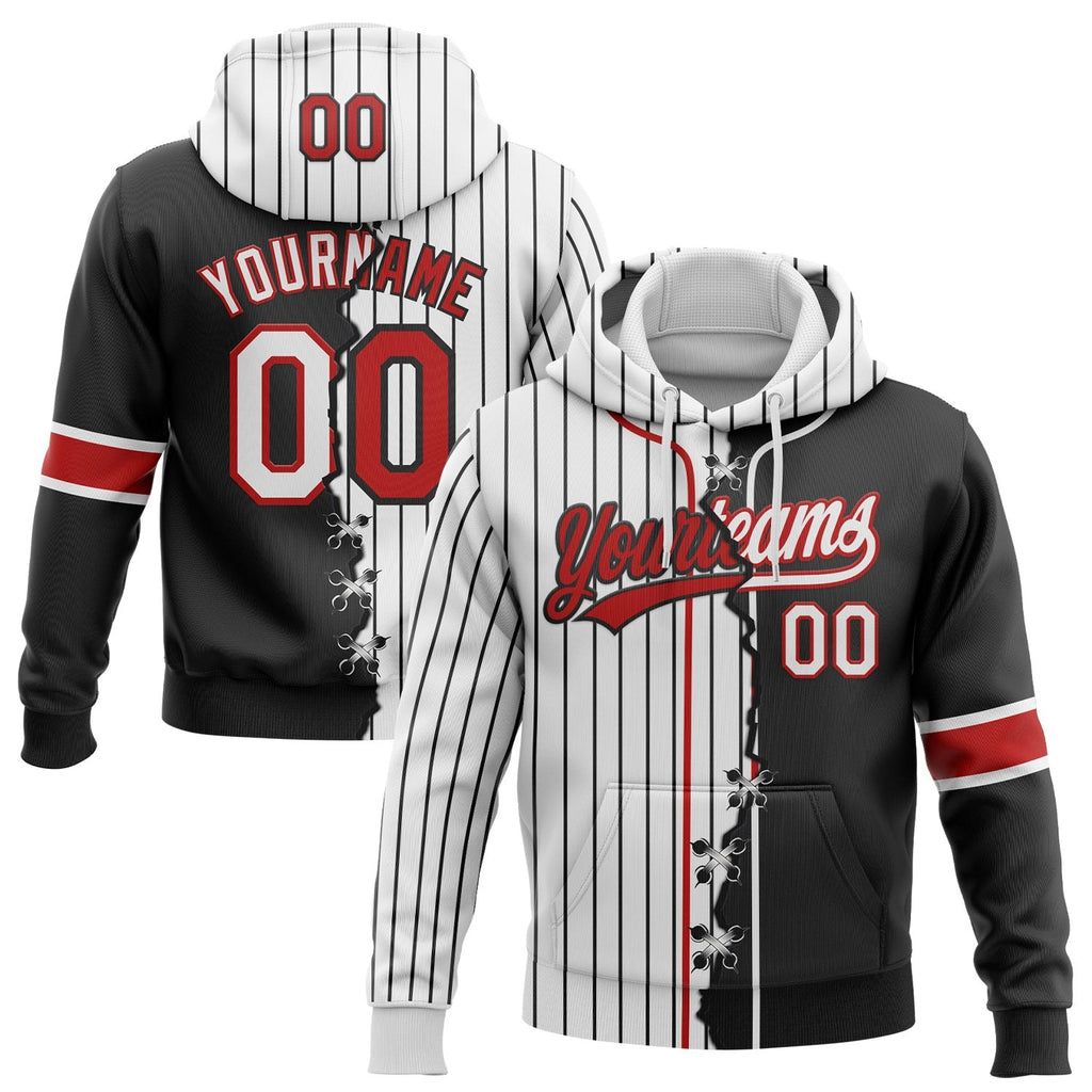 Custom White Black Pinstripe-Red Split Ripped Pattern Baseball Pullover Sweatshirt Hoodie photo 1