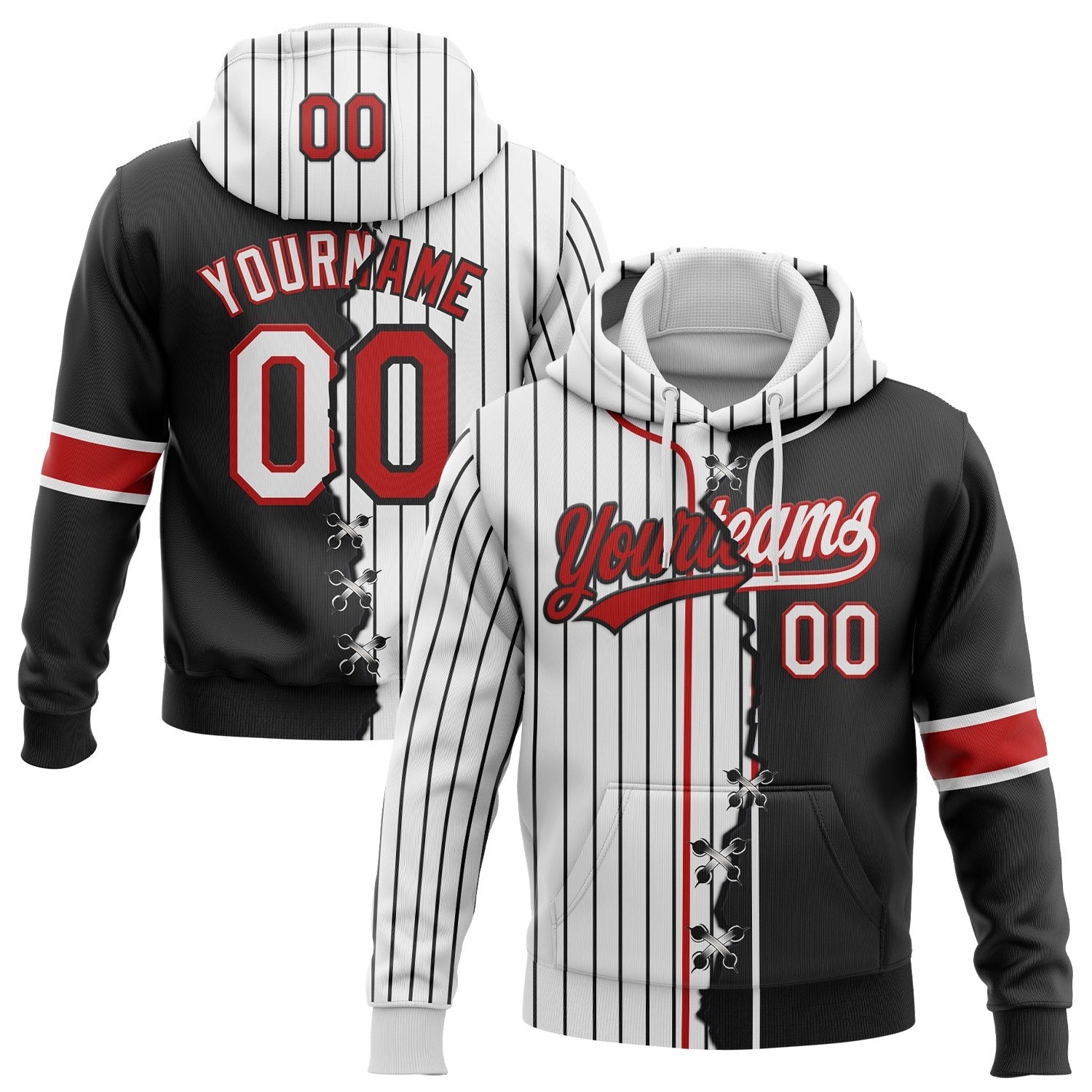 Custom White Black Pinstripe-Red Split Ripped Pattern Baseball Pullover Sweatshirt Hoodie photo 1