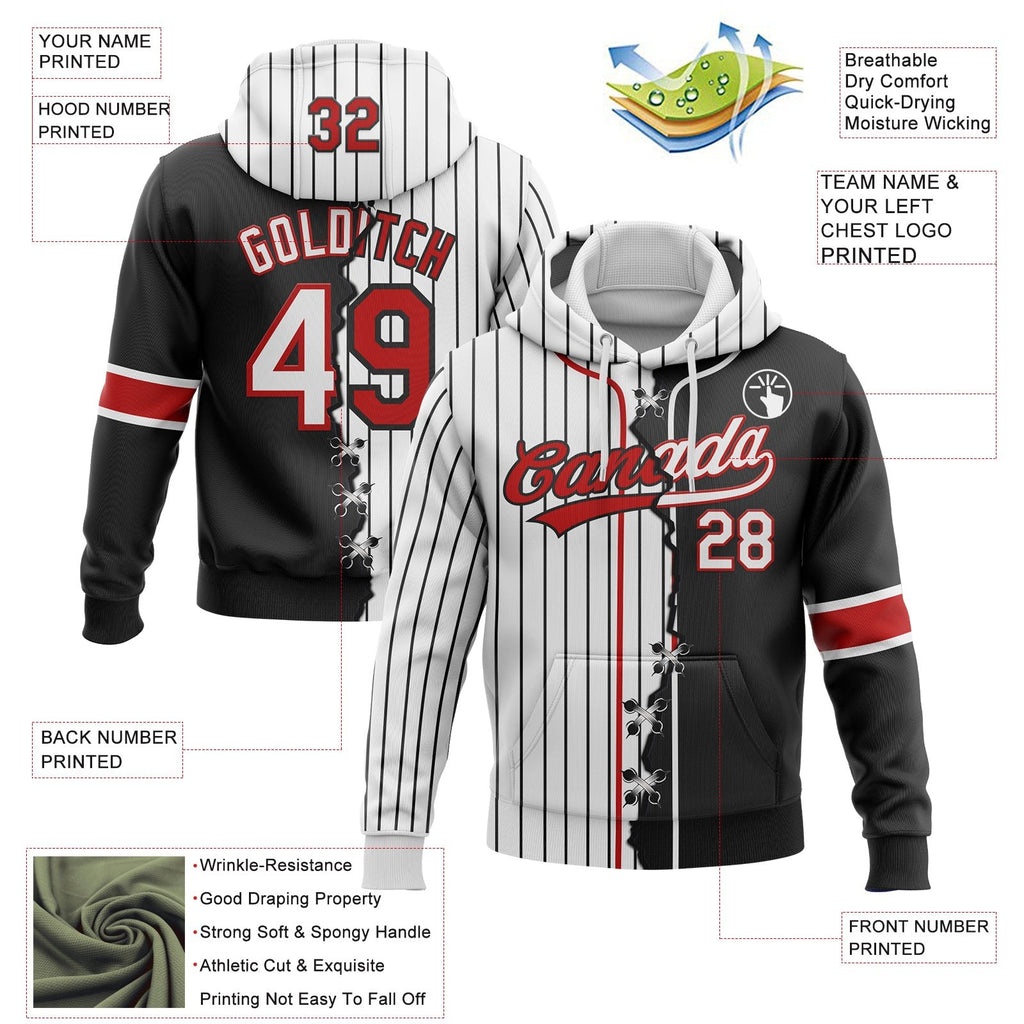 Custom White Black Pinstripe-Red Split Ripped Pattern Baseball Pullover Sweatshirt Hoodie photo 3