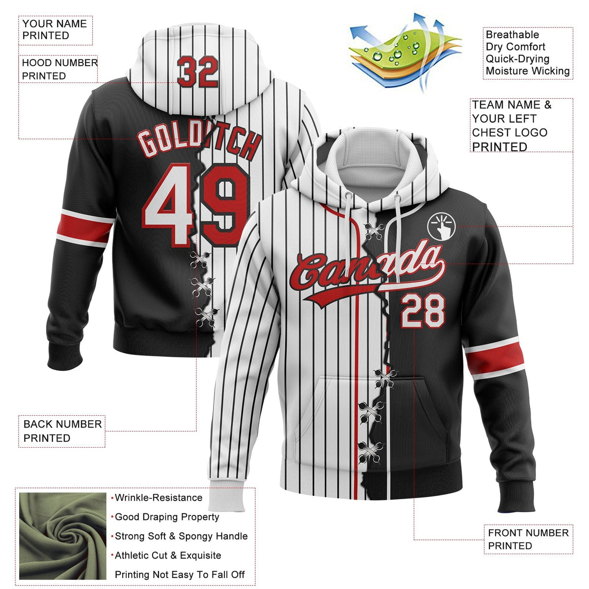 Custom White Black Pinstripe-Red Split Ripped Pattern Baseball Pullover Sweatshirt Hoodie photo 3