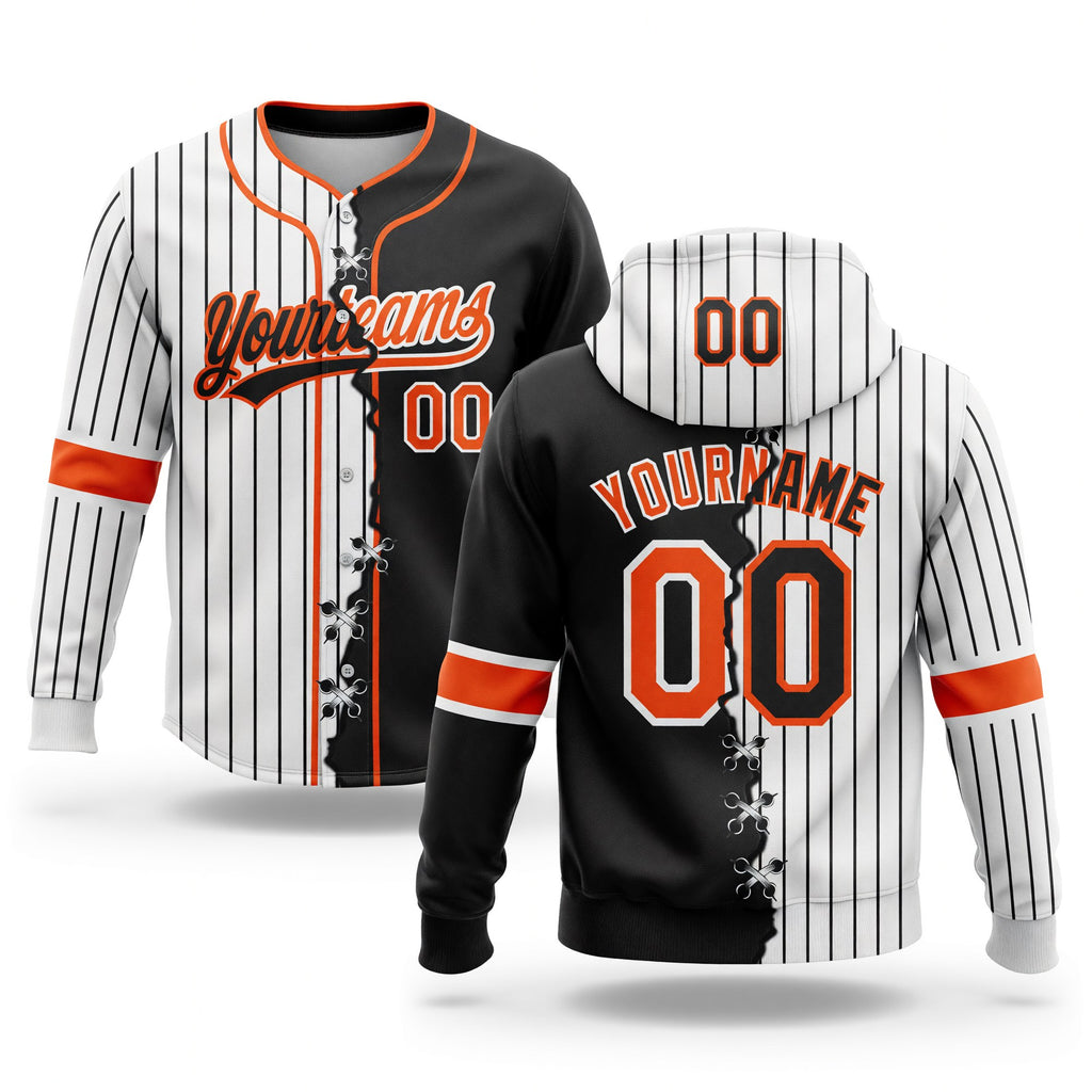 Custom White Black Pinstripe-Orange Split Ripped Pattern Baseball Pullover Sweatshirt Hoodie