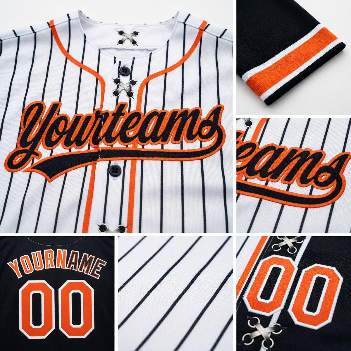 Custom White Black Pinstripe-Orange Split Ripped Pattern Baseball Pullover Sweatshirt Hoodie detail