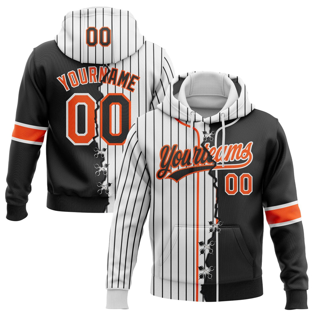 Custom White Black Pinstripe-Orange Split Ripped Pattern Baseball Pullover Sweatshirt Hoodie photo 1