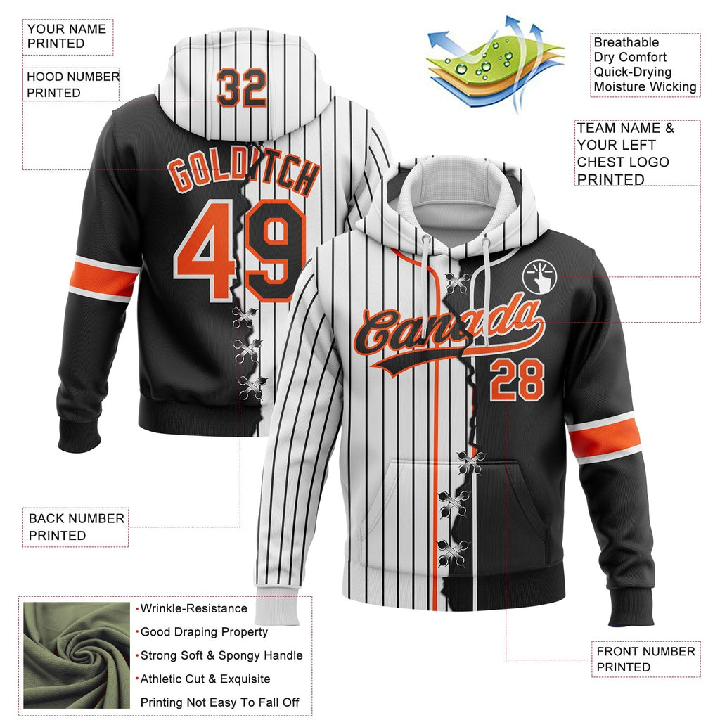 Custom White Black Pinstripe-Orange Split Ripped Pattern Baseball Pullover Sweatshirt Hoodie photo 3