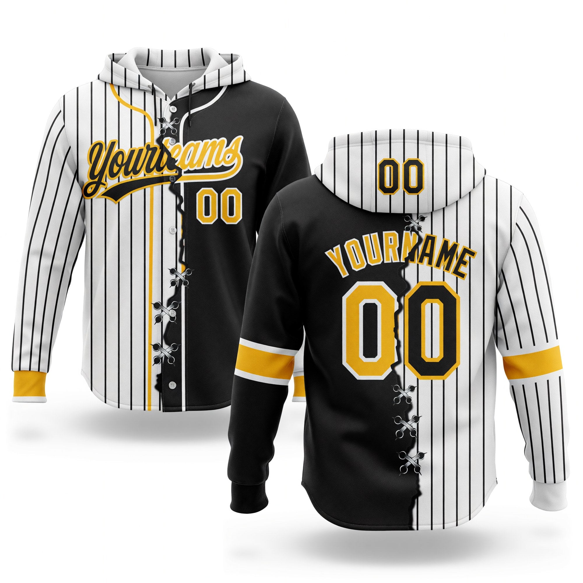 Custom White Black Pinstripe-Gold Split Ripped Pattern Baseball Pullover Sweatshirt Hoodie