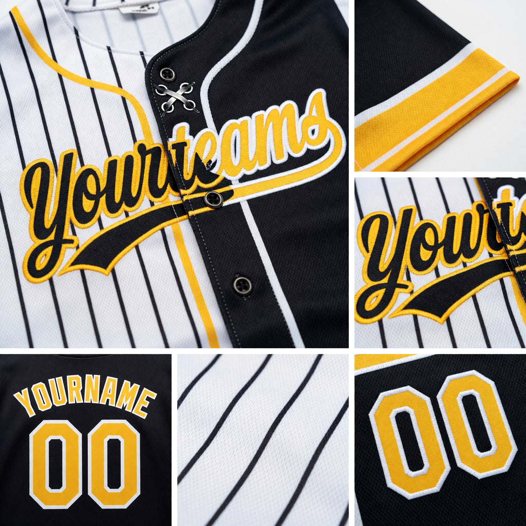 Custom White Black Pinstripe-Gold Split Ripped Pattern Baseball Pullover Sweatshirt Hoodie detail