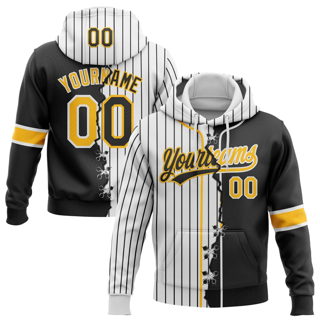 Custom White Black Pinstripe-Gold Split Ripped Pattern Baseball Pullover Sweatshirt Hoodie photo 1