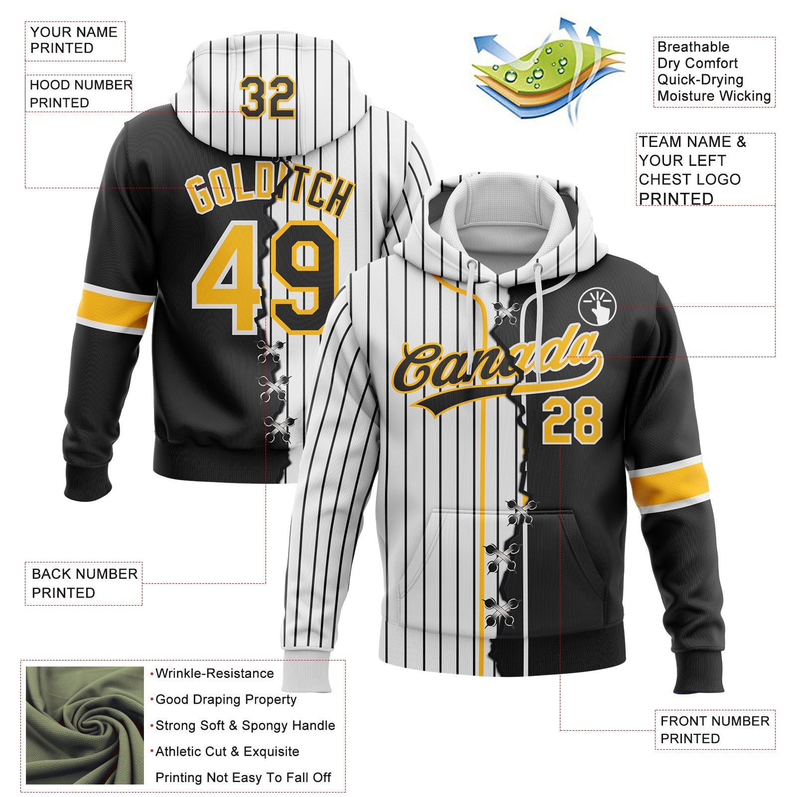 Custom White Black Pinstripe-Gold Split Ripped Pattern Baseball Pullover Sweatshirt Hoodie photo 3