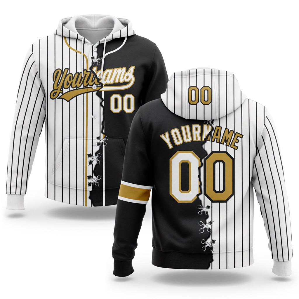 Custom White Black Pinstripe-Old Gold Split Ripped Pattern Baseball Pullover Sweatshirt Hoodie