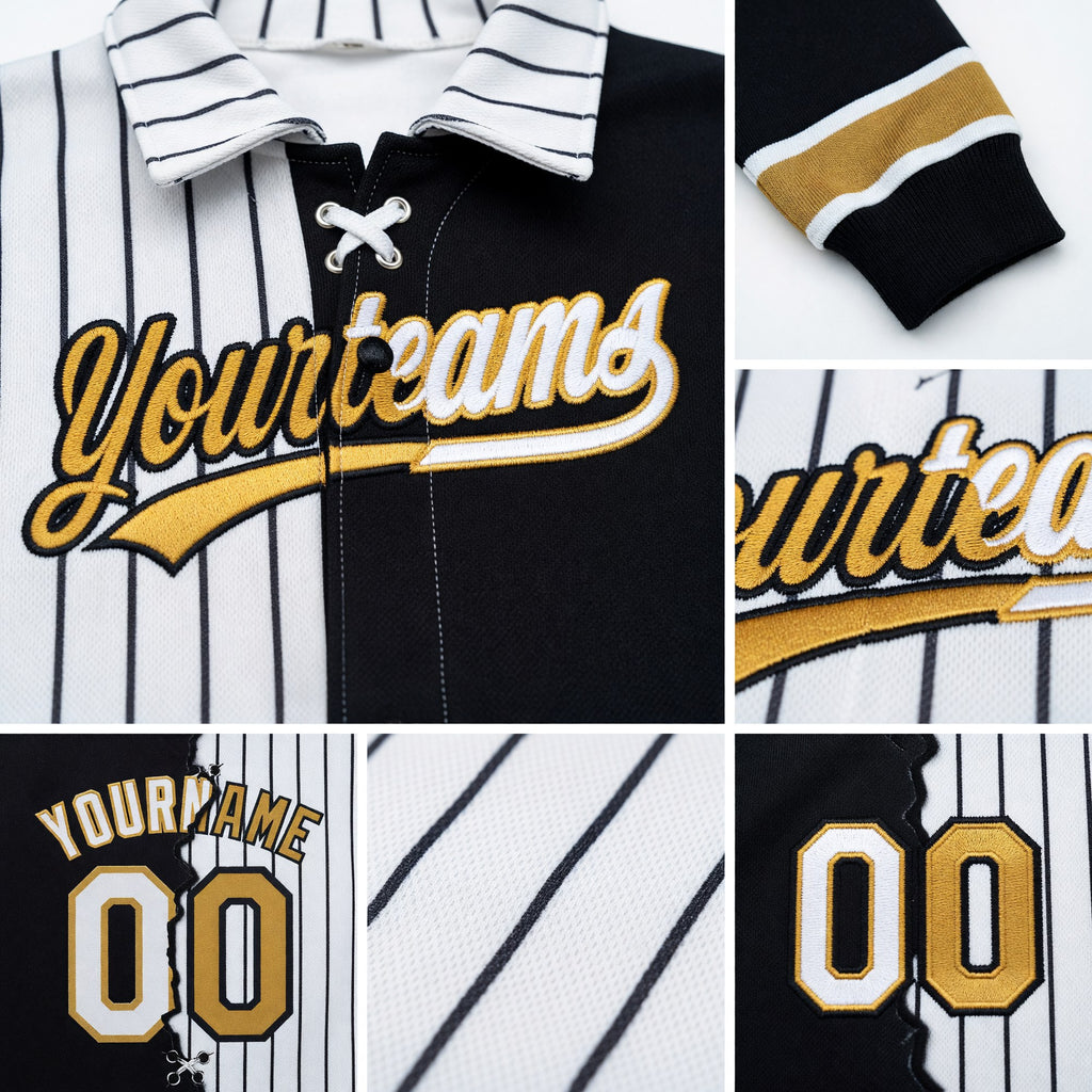 Custom White Black Pinstripe-Old Gold Split Ripped Pattern Baseball Pullover Sweatshirt Hoodie detail