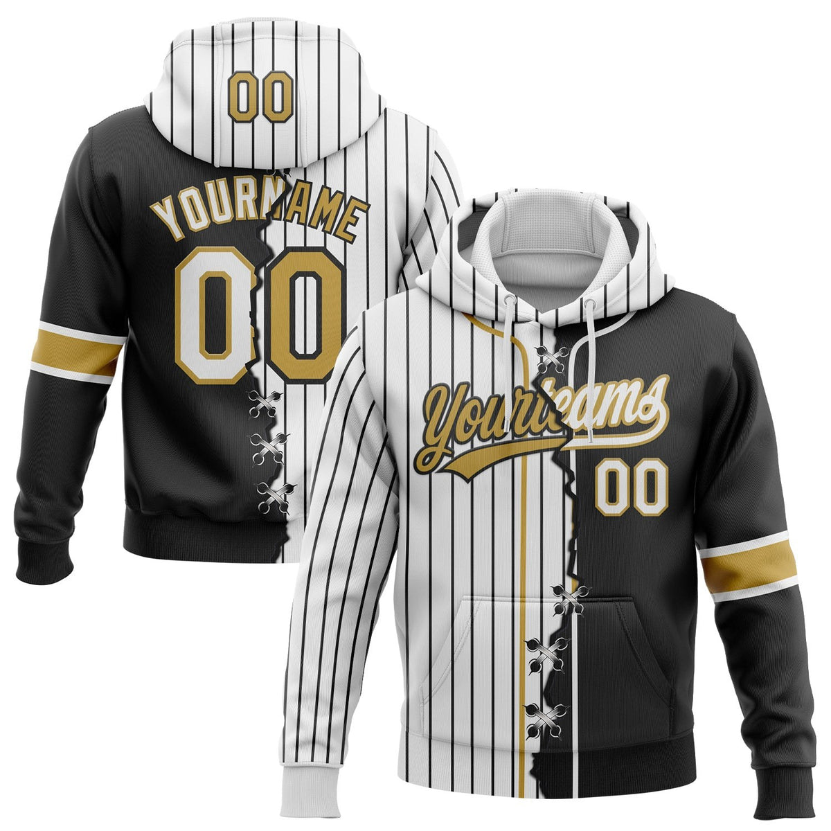 Custom White Black Pinstripe-Old Gold Split Ripped Pattern Baseball Pullover Sweatshirt Hoodie photo 1