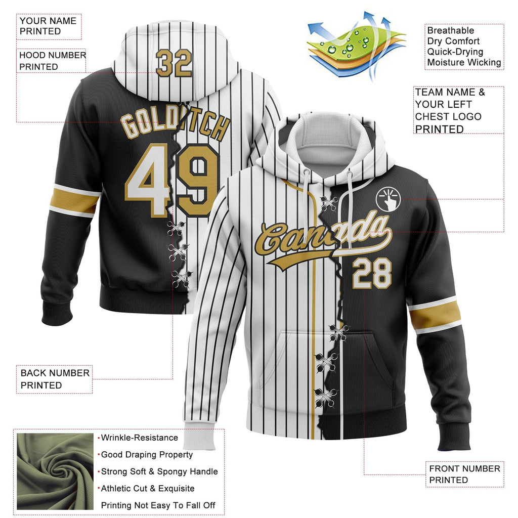 Custom White Black Pinstripe-Old Gold Split Ripped Pattern Baseball Pullover Sweatshirt Hoodie photo 3