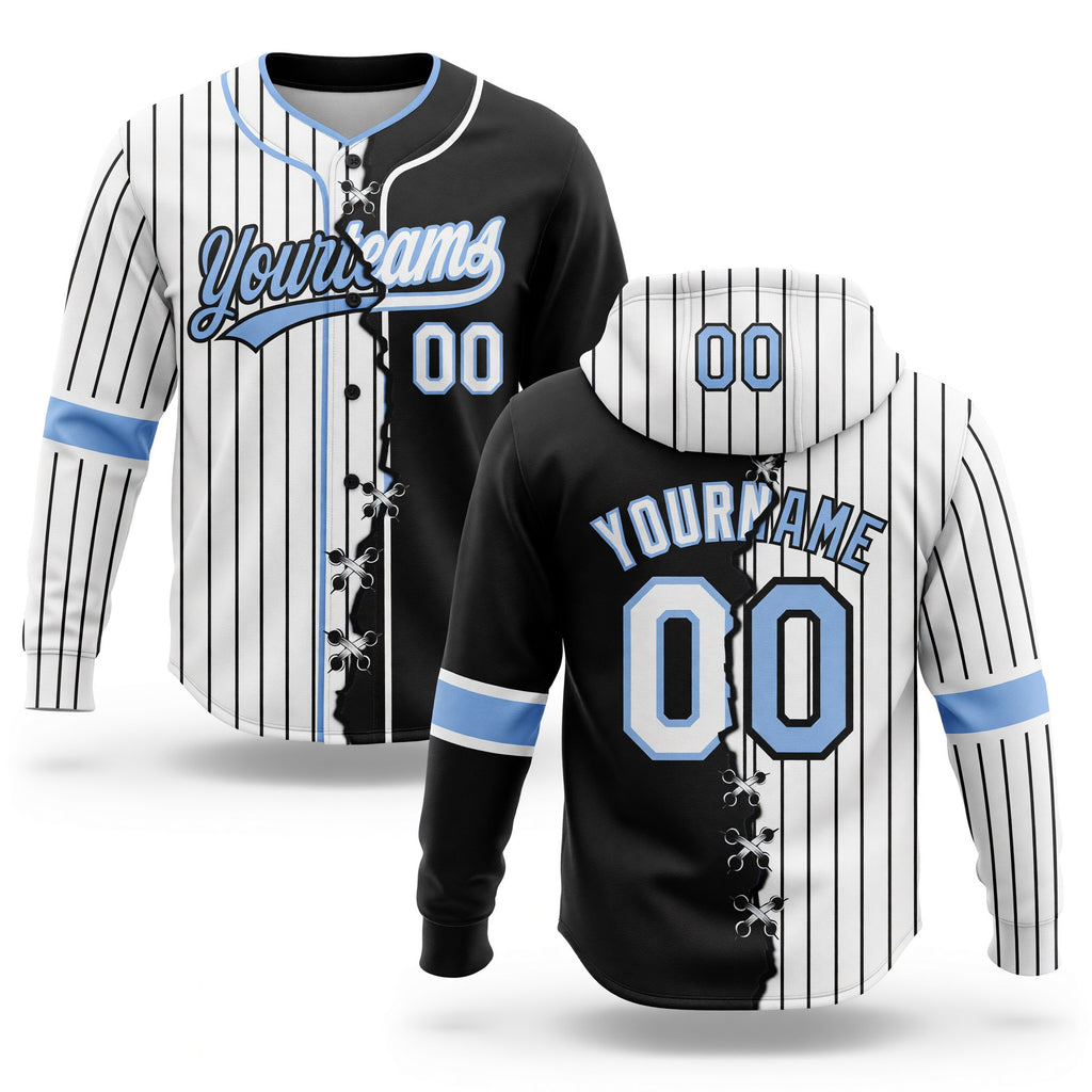 Custom White Black Pinstripe-Light Blue Split Ripped Pattern Baseball Pullover Sweatshirt Hoodie