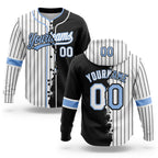 Custom White Black Pinstripe-Light Blue Split Ripped Pattern Baseball Pullover Sweatshirt Hoodie