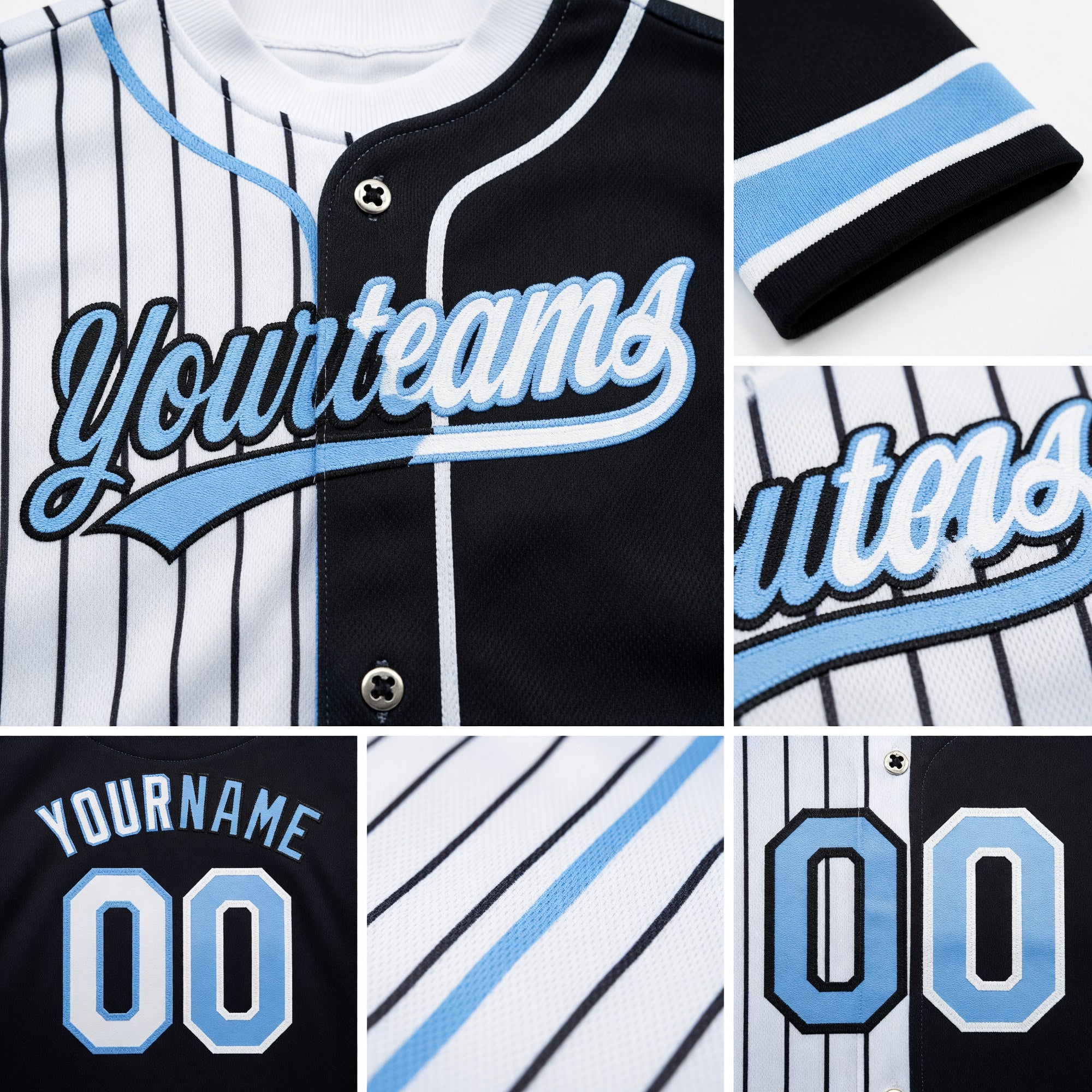 Custom White Black Pinstripe-Light Blue Split Ripped Pattern Baseball Pullover Sweatshirt Hoodie detail