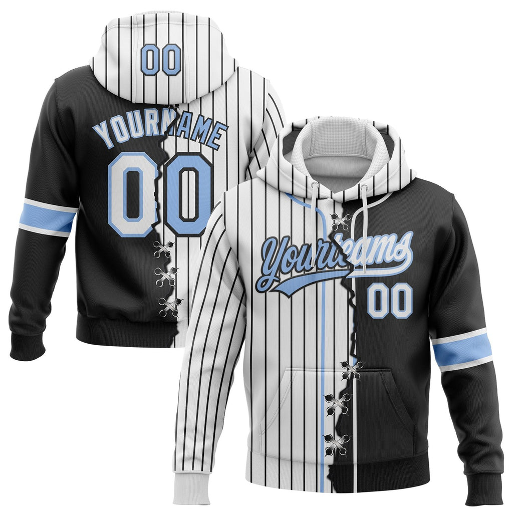 Custom White Black Pinstripe-Light Blue Split Ripped Pattern Baseball Pullover Sweatshirt Hoodie photo 1