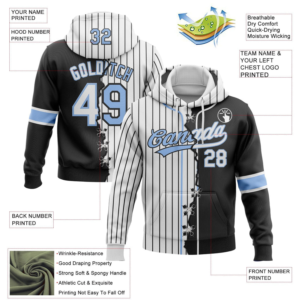 Custom White Black Pinstripe-Light Blue Split Ripped Pattern Baseball Pullover Sweatshirt Hoodie photo 3