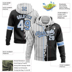 Custom White Black Pinstripe-Light Blue Split Ripped Pattern Baseball Pullover Sweatshirt Hoodie photo 3