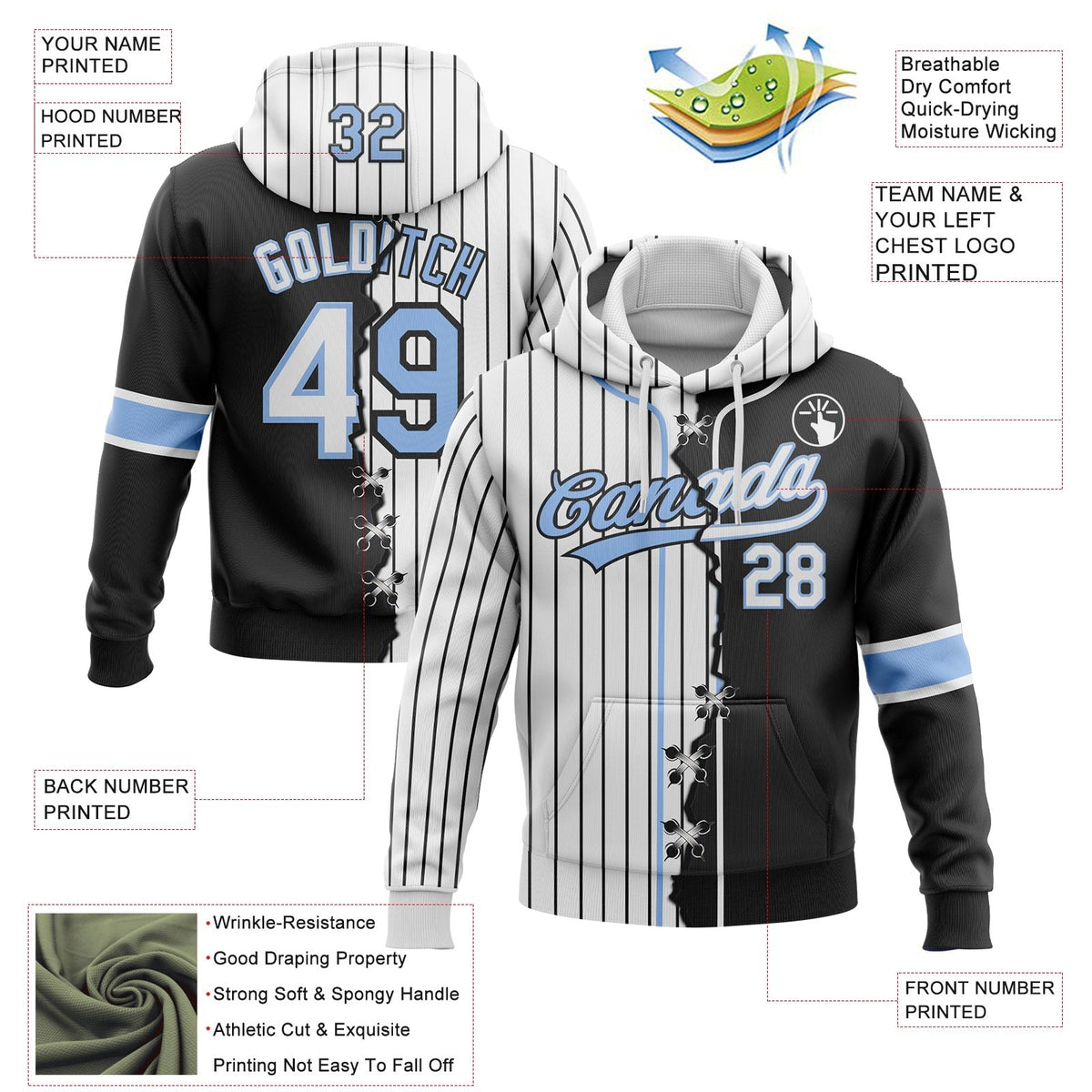 Custom White Black Pinstripe-Light Blue Split Ripped Pattern Baseball Pullover Sweatshirt Hoodie photo 3