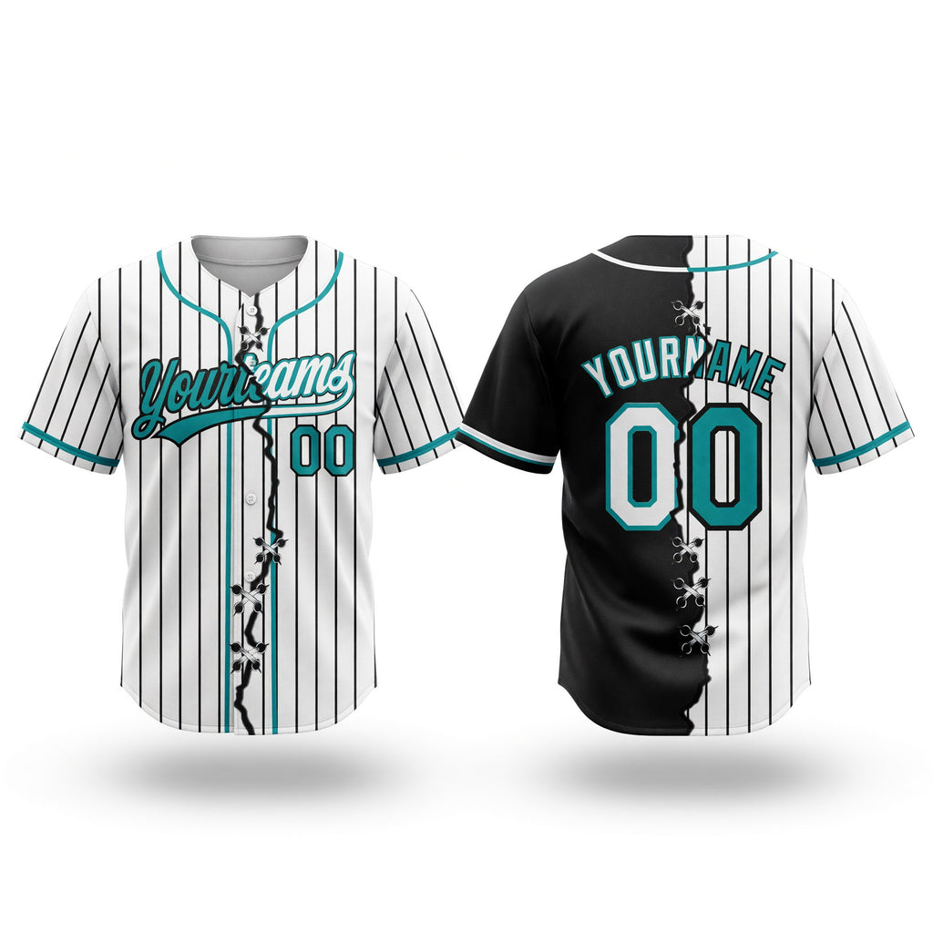 Custom White Black Pinstripe-Teal Split Ripped Pattern Baseball Pullover Sweatshirt Hoodie