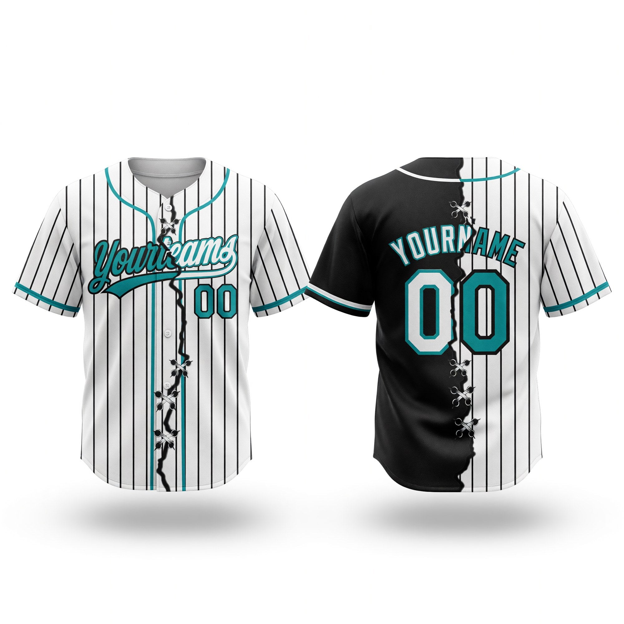 Custom White Black Pinstripe-Teal Split Ripped Pattern Baseball Pullover Sweatshirt Hoodie