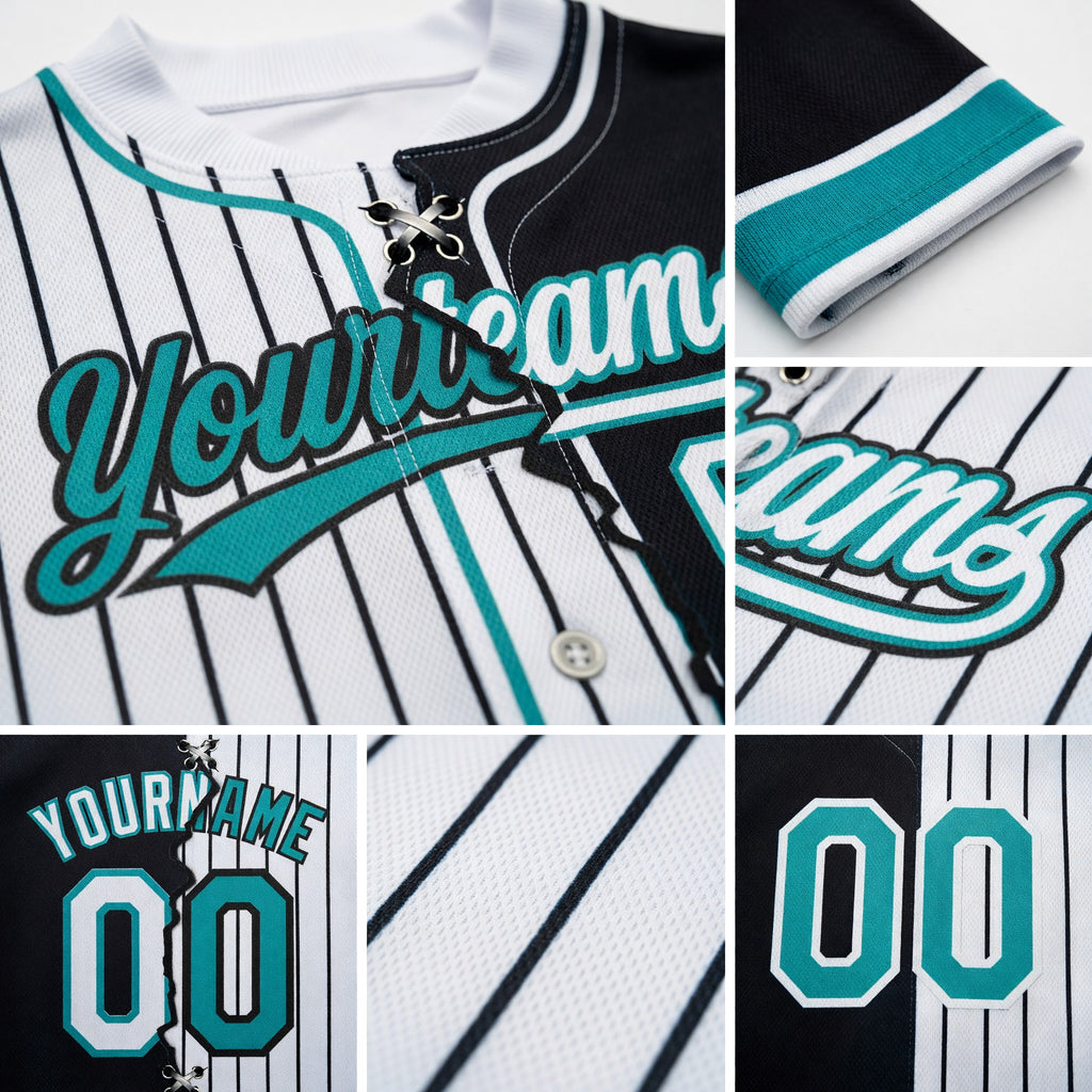 Custom White Black Pinstripe-Teal Split Ripped Pattern Baseball Pullover Sweatshirt Hoodie detail