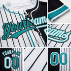 Custom White Black Pinstripe-Teal Split Ripped Pattern Baseball Pullover Sweatshirt Hoodie detail