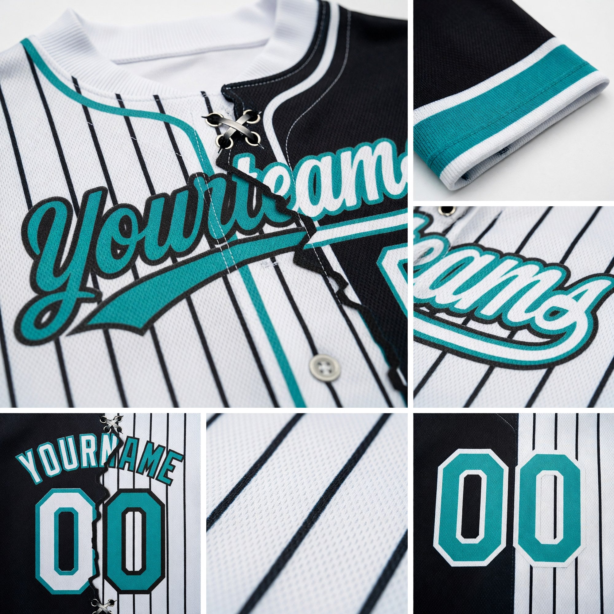 Custom White Black Pinstripe-Teal Split Ripped Pattern Baseball Pullover Sweatshirt Hoodie detail