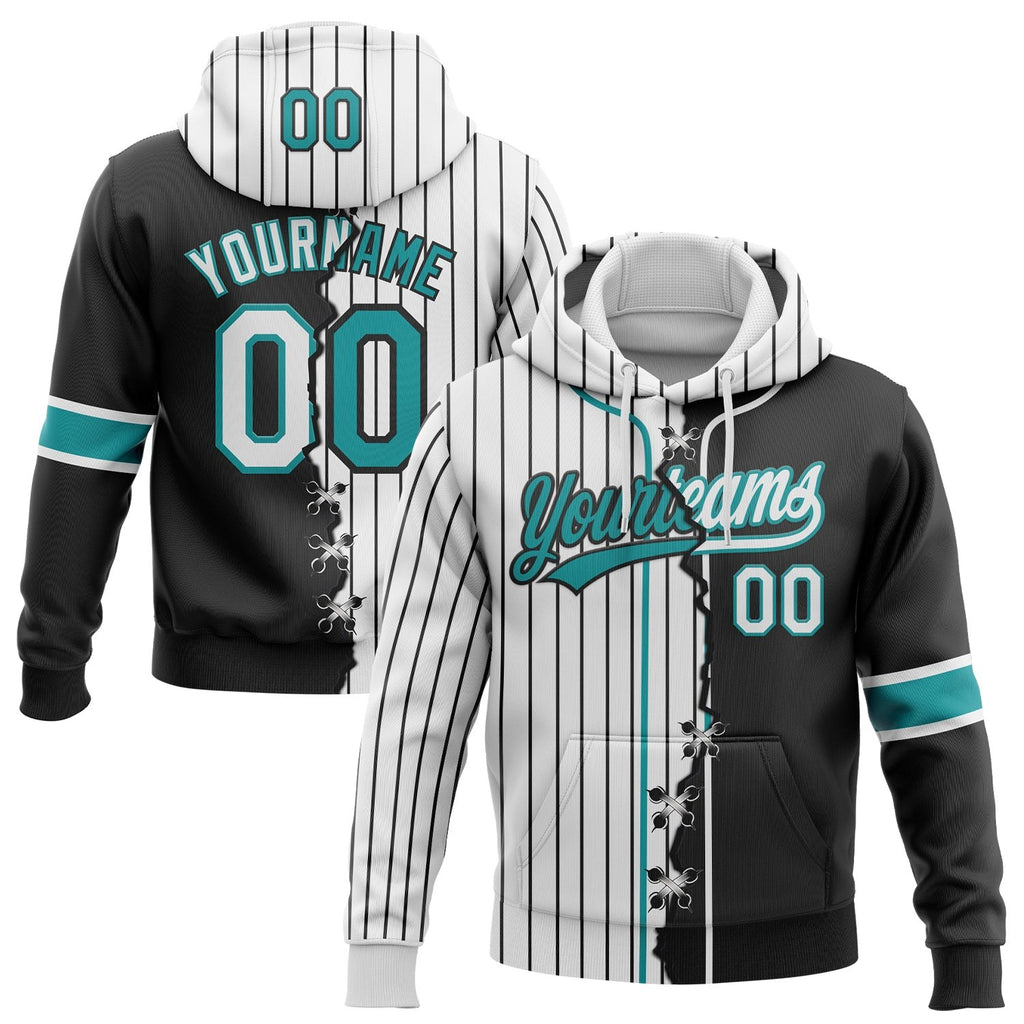 Custom White Black Pinstripe-Teal Split Ripped Pattern Baseball Pullover Sweatshirt Hoodie photo 1