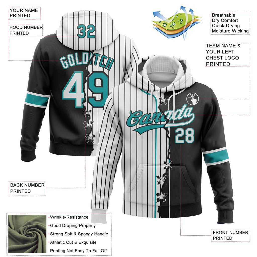 Custom White Black Pinstripe-Teal Split Ripped Pattern Baseball Pullover Sweatshirt Hoodie photo 3
