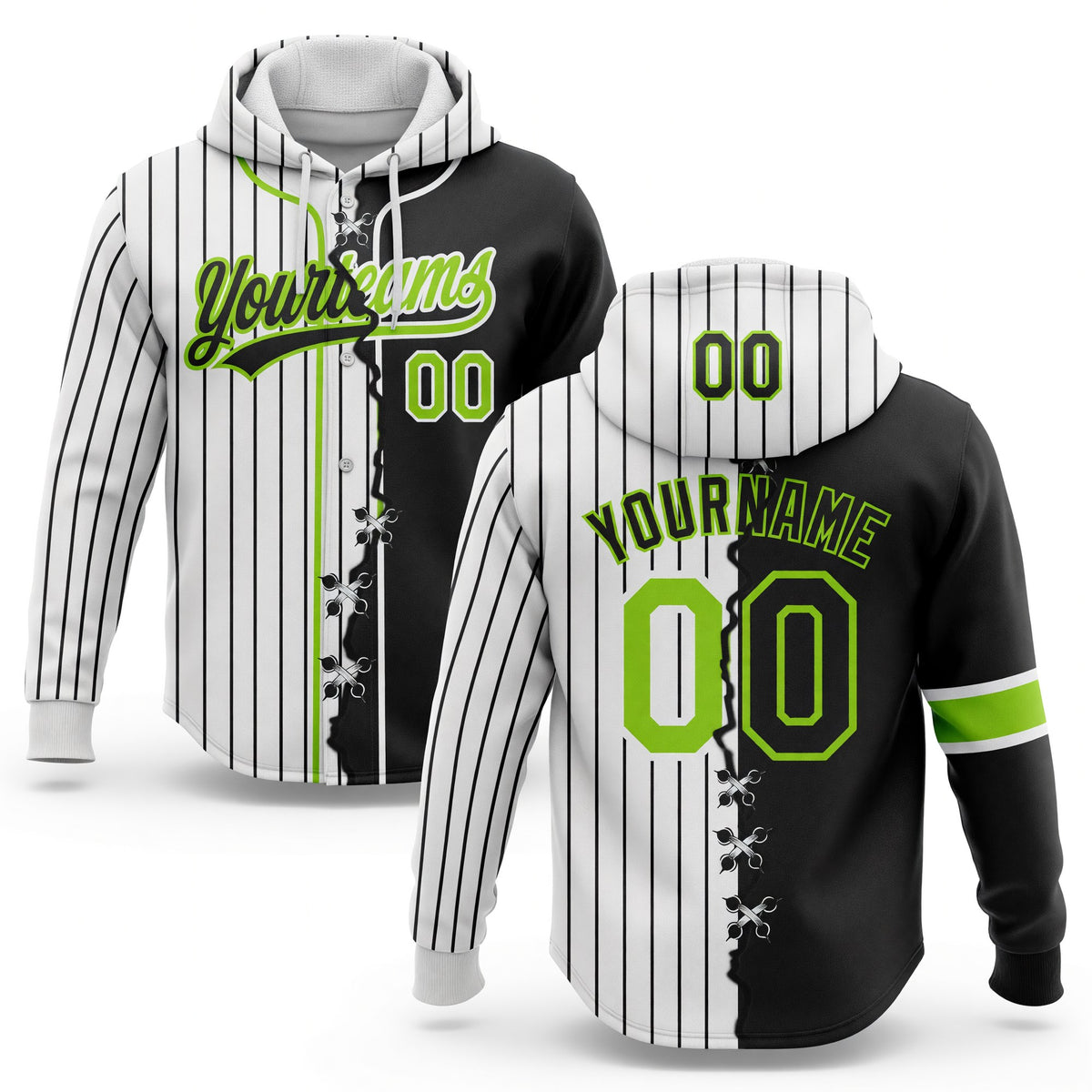 Custom White Black Pinstripe-Neon Green Split Ripped Pattern Baseball Pullover Sweatshirt Hoodie