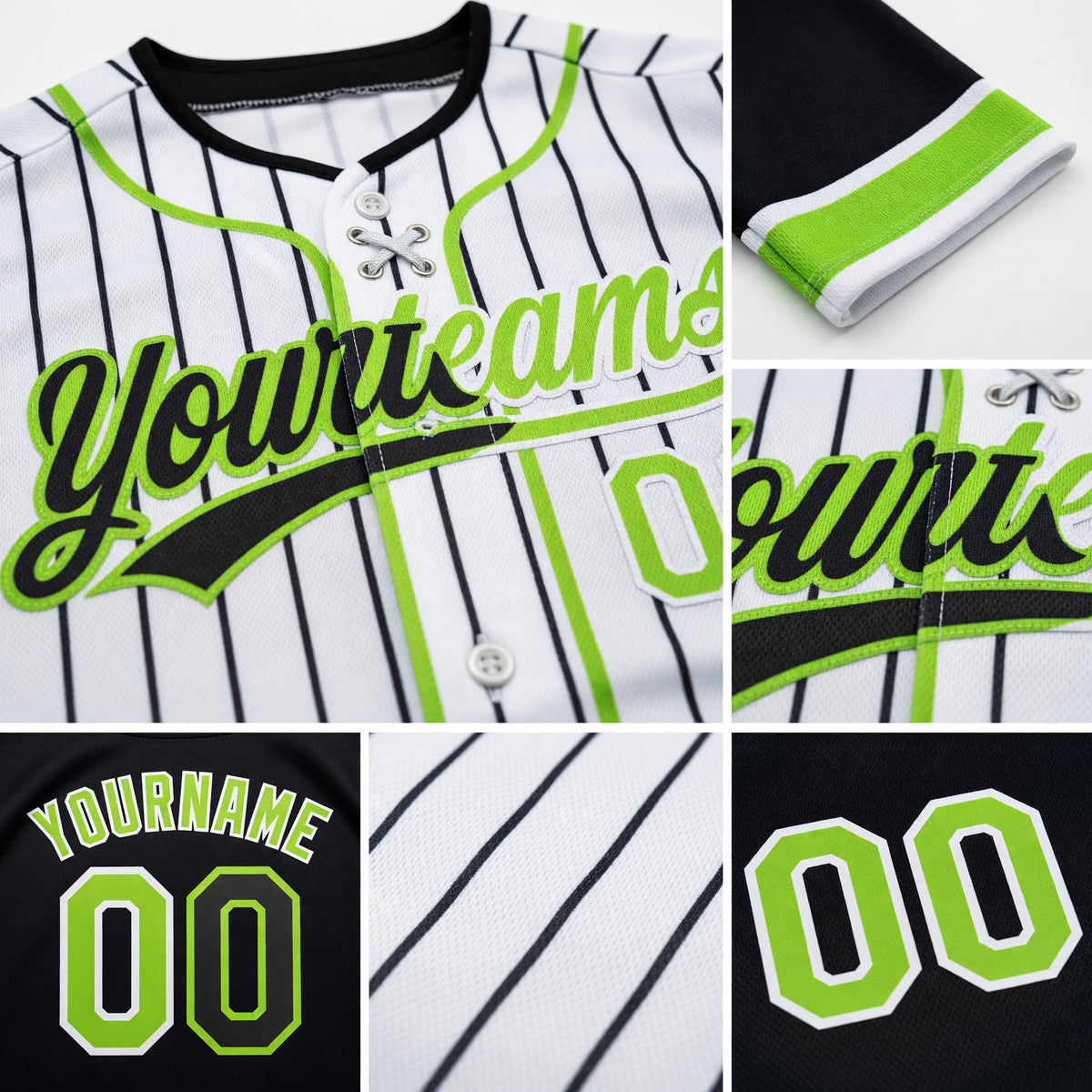 Custom White Black Pinstripe-Neon Green Split Ripped Pattern Baseball Pullover Sweatshirt Hoodie detail