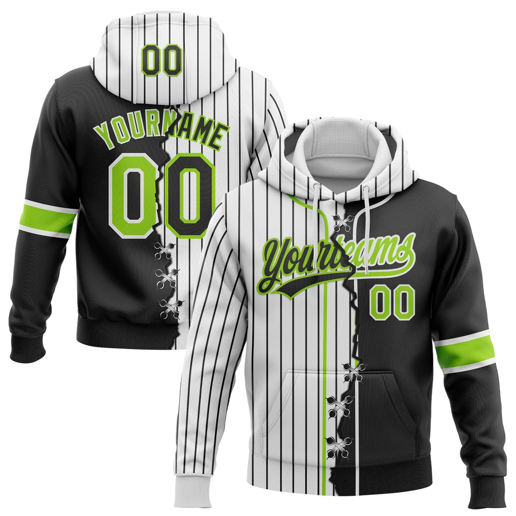 Custom White Black Pinstripe-Neon Green Split Ripped Pattern Baseball Pullover Sweatshirt Hoodie photo 1
