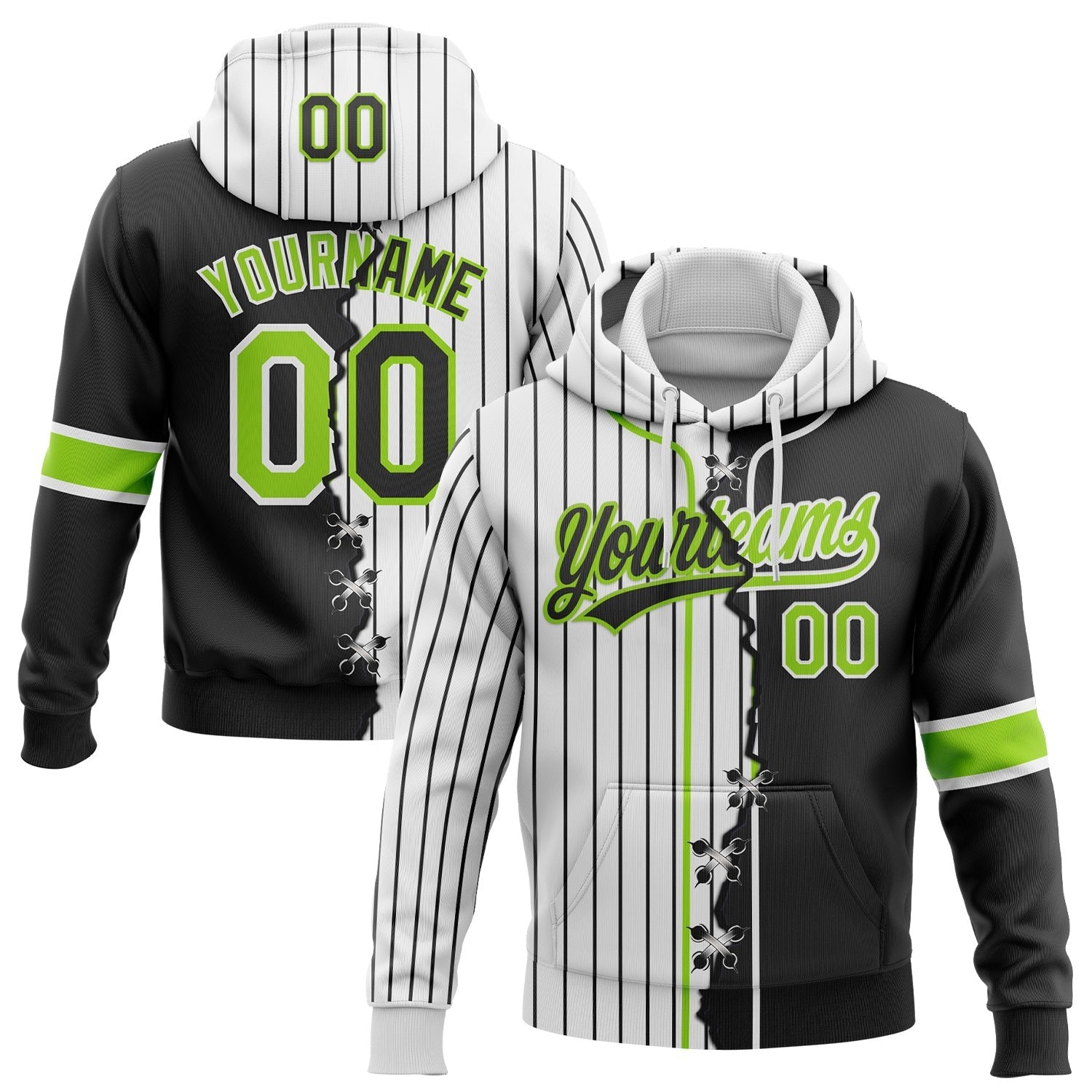 Custom White Black Pinstripe-Neon Green Split Ripped Pattern Baseball Pullover Sweatshirt Hoodie photo 1