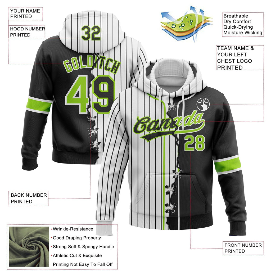 Custom White Black Pinstripe-Neon Green Split Ripped Pattern Baseball Pullover Sweatshirt Hoodie photo 3