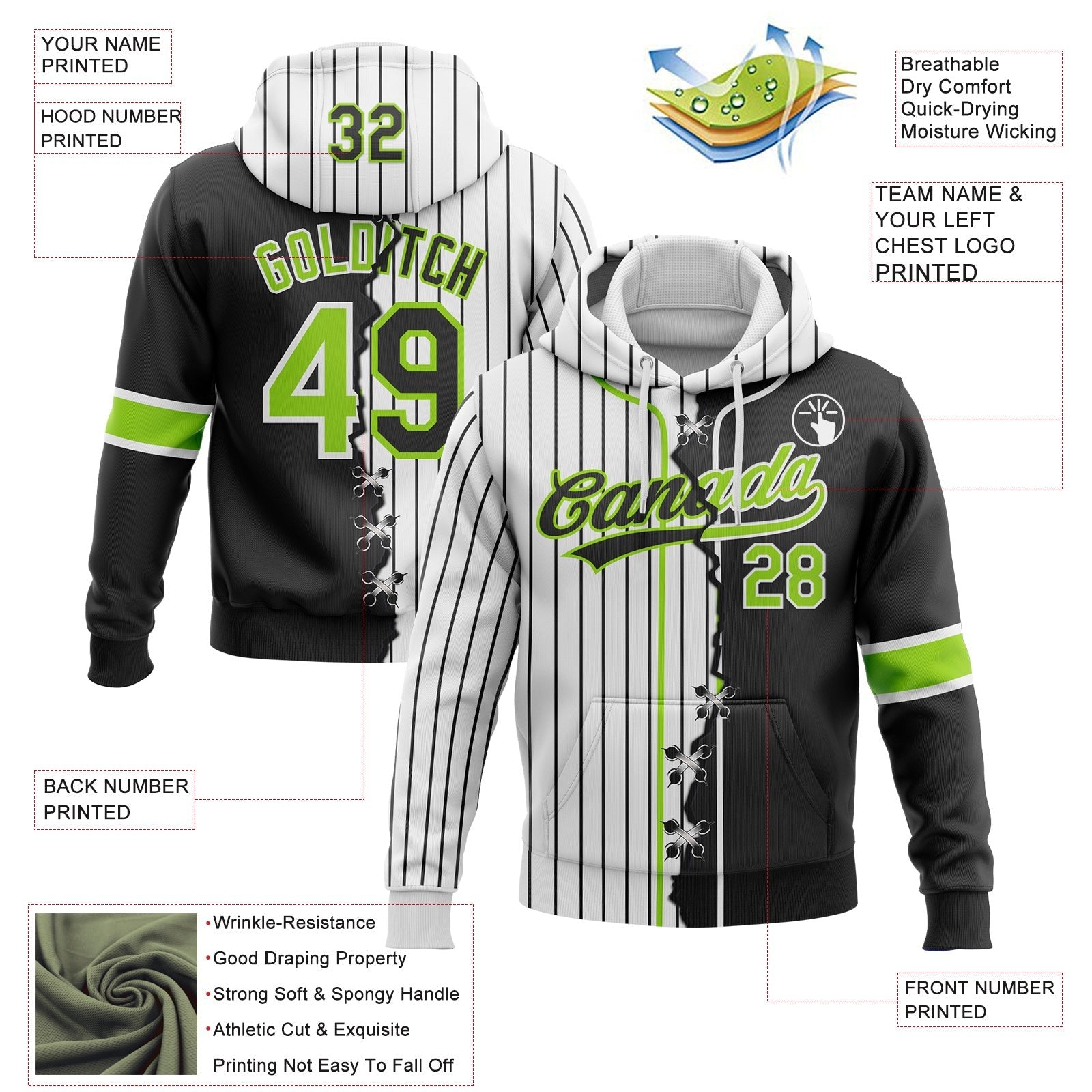 Custom White Black Pinstripe-Neon Green Split Ripped Pattern Baseball Pullover Sweatshirt Hoodie photo 3