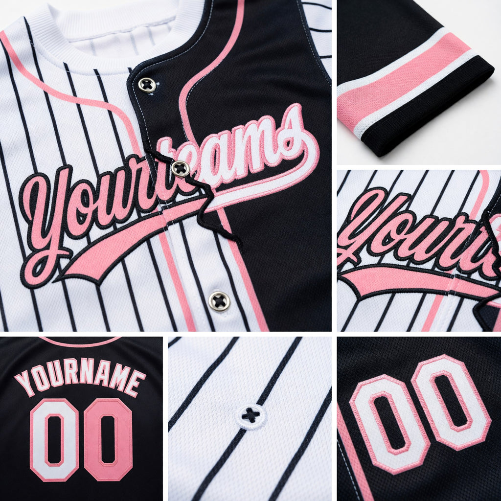 Custom White Black Pinstripe-Medium Pink Split Ripped Pattern Baseball Pullover Sweatshirt Hoodie detail