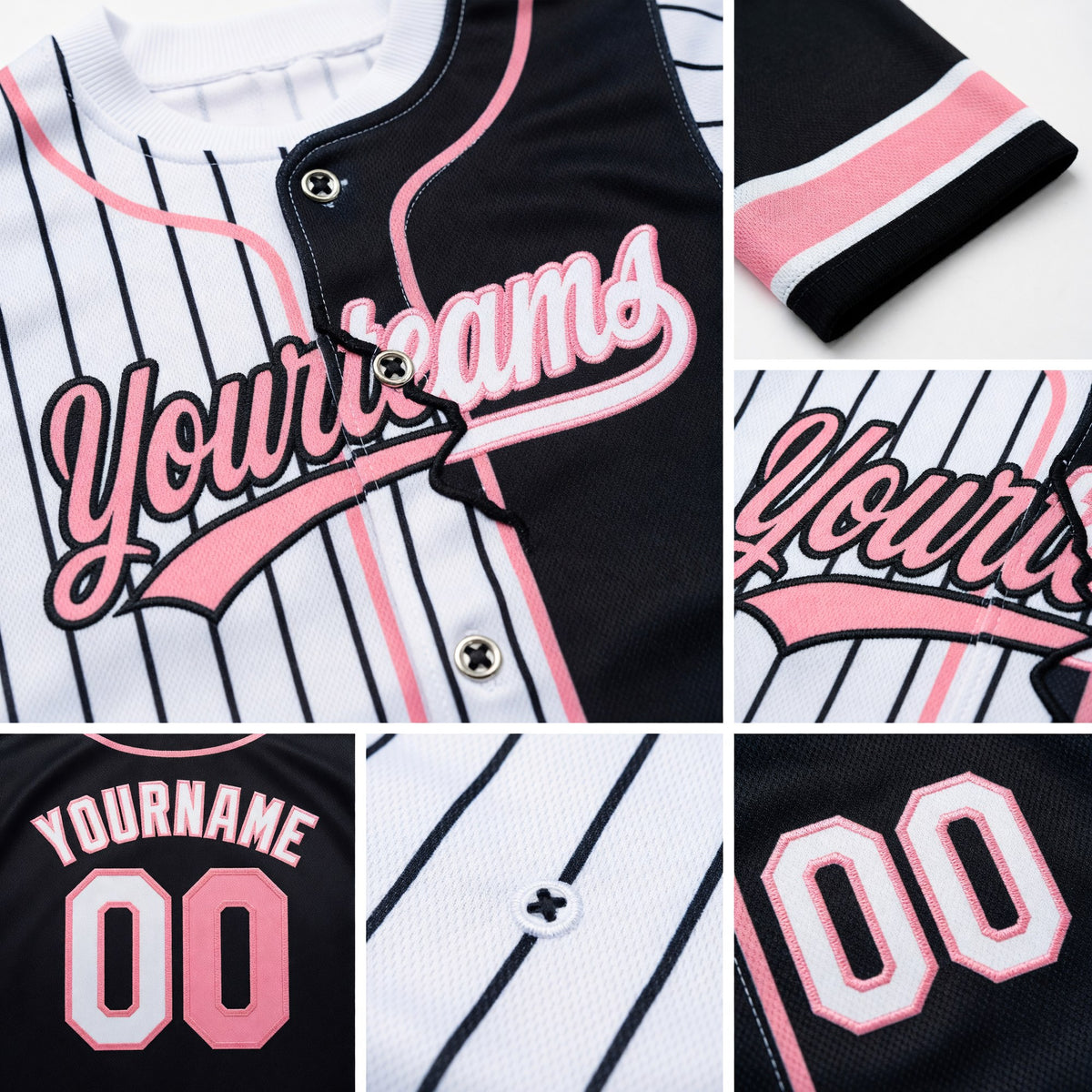 Custom White Black Pinstripe-Medium Pink Split Ripped Pattern Baseball Pullover Sweatshirt Hoodie detail
