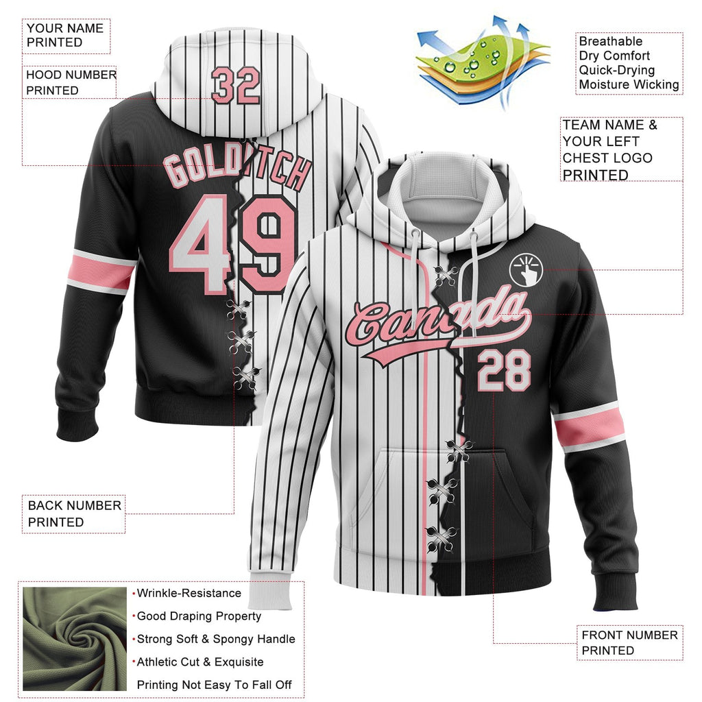 Custom White Black Pinstripe-Medium Pink Split Ripped Pattern Baseball Pullover Sweatshirt Hoodie photo 3