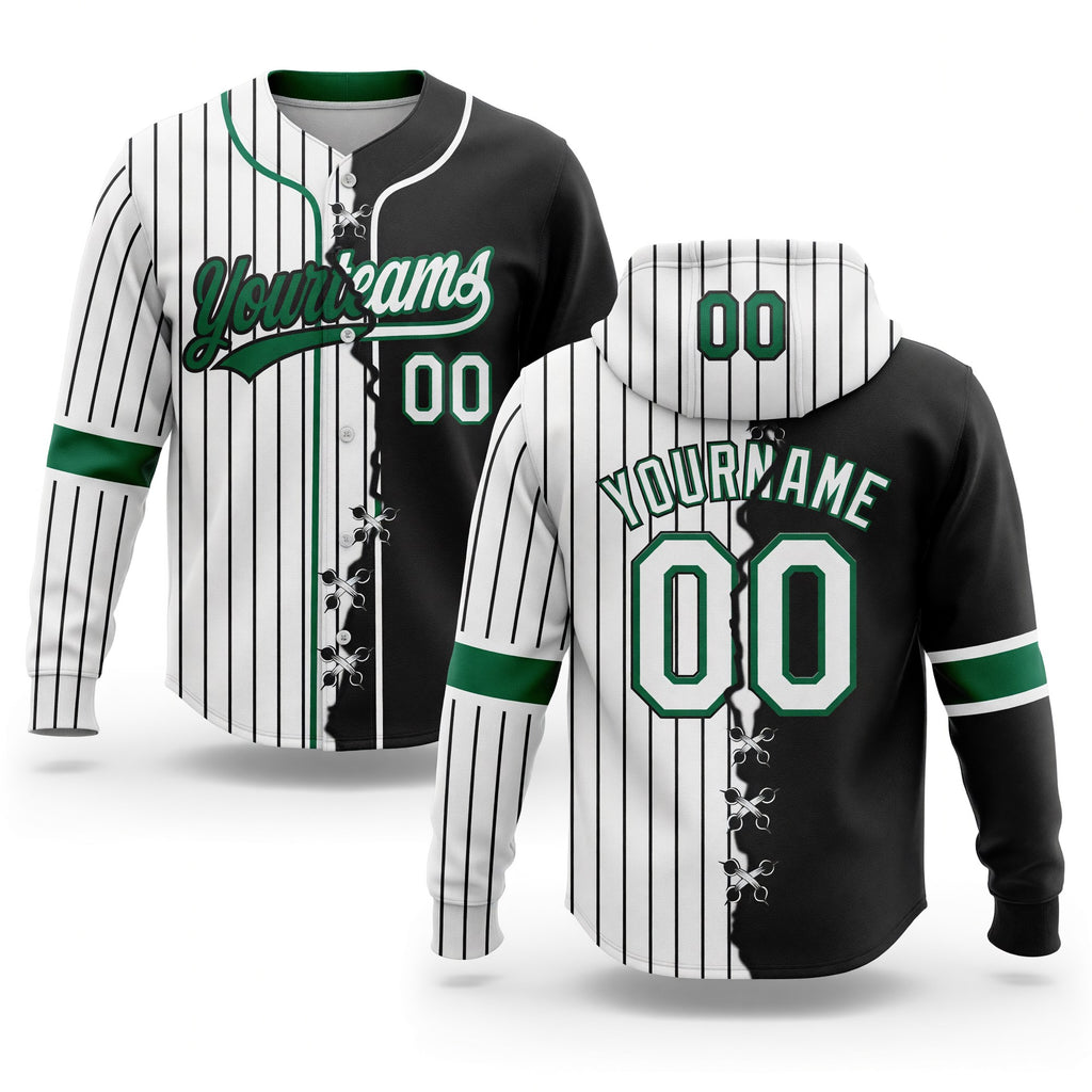 Custom White Black Pinstripe-Kelly Green Split Ripped Pattern Baseball Pullover Sweatshirt Hoodie